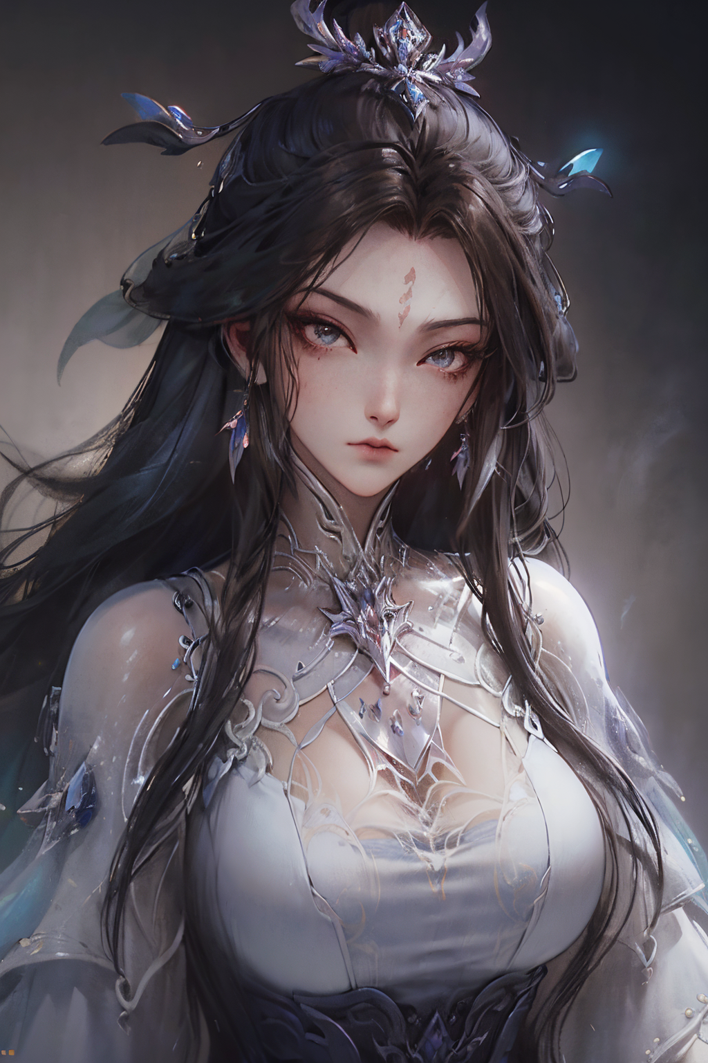 00245-4281127455-_lora_luxueqiCN_1_,luxueqi,1girl,solo,forehead mark,hair ornament,long hair,facial mark,brown hair,see-through,crystal earrings,.png